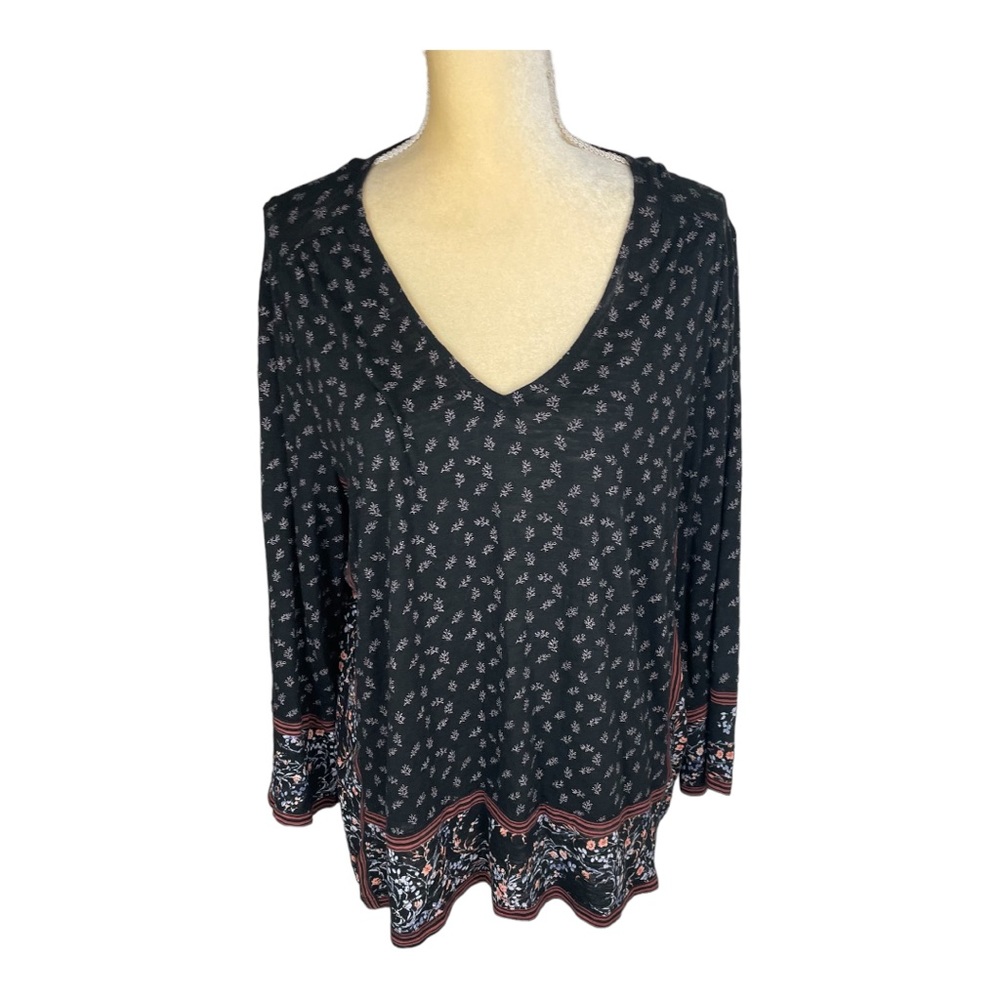 Lucky Brand Black Floral Design Knit‎ Top Size Large